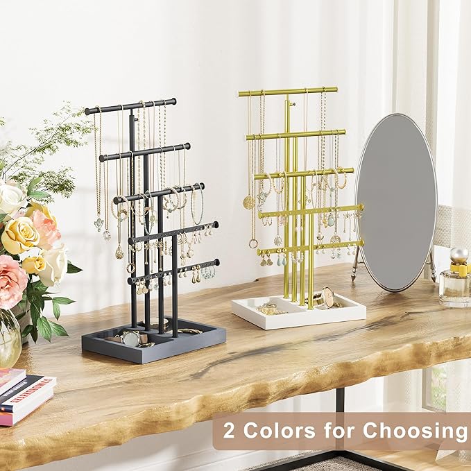 Love-KANKEI Jewelry Organizer Stand, 5 Tier Large Necklace Holder with Wood Base, Jewelry holder stand Tree for Display, Bracelets Earrings Rings, Height Adjustable Gift Weathered Grey