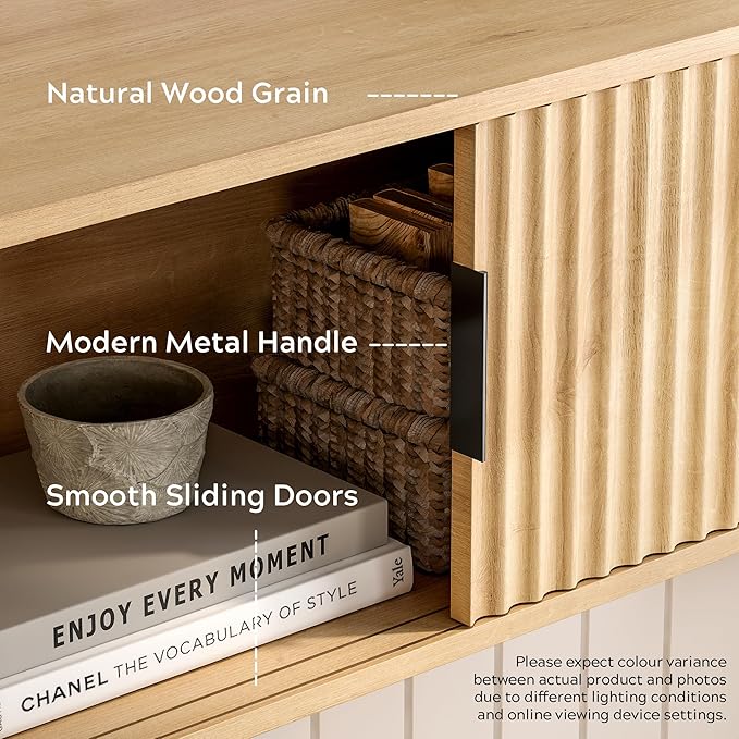 Fluted Wall Cabinet with Sliding Doors, Modern Large Floating Nightstand Storage Shelf Bedside Tables for Bedroom, Study Room Natural Oak