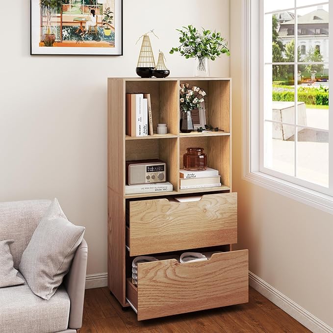 Giantex Bookshelf with 4 Cubes & 2 Drawers, 51” Tall Floor Bookcase with Anti-tip Kits, Freestanding Display Rack Storage Organizer for Study, Living Room, Home Office (2, Natural)