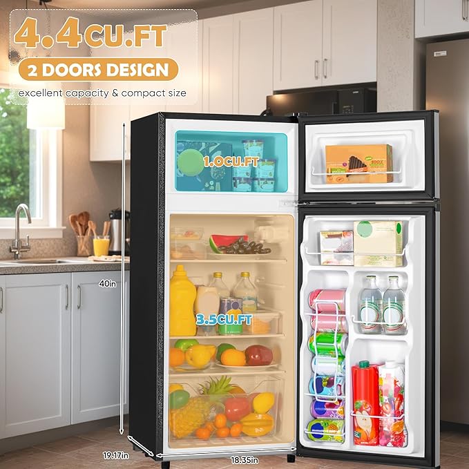 Manastin 4.4 Cu.Ft Mini Fridge with Freezer, Small Fridge with 2 Doors for Office, Kitchen, Dorm and Bedroom, Mini Refrigerator with Adjustable Shelves (Silver)
