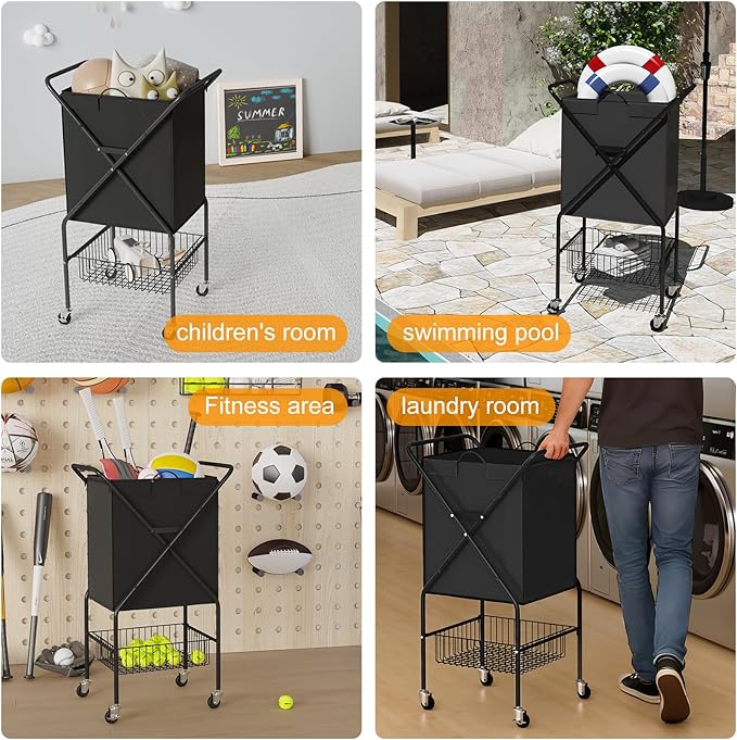 Laundry Basket with Wheels:88L Rolling Laundry Cart Foldable Metal Frame Dirty Clothes Laundry Hamper 36"H 4 Caster 2 Brake Waterproof Removable Liner Carry Handle for Dorm Laundry Room,Black