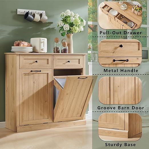 Double Tilt Out Trash Cabinet, 20 Gallon Farmhouse Laundry Hamper Cabinet with 2 Drawers, Hidden Wooden Trash Can Cabinets with Storage Basket for Kitchen, Living Room (Natural)