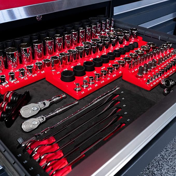 Olsa Tools Magnetic Socket Organizer (1/4-Inch Drive, 3 Row) - Magnetic Tool Organizer & Socket Holder - Tool Box Socket Organizers - SAE Red - Holds 39 Sockets - Professional Grade - Part: 1545