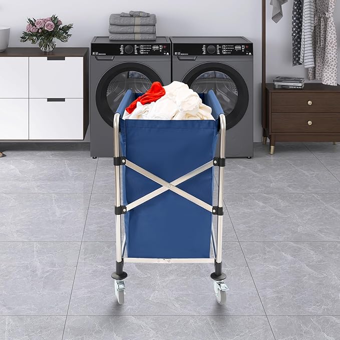Commercial Laundry Cart with Wheels,Folding Laundry Hamper Cart,Heavy Duty Rolling Basket with Large Capacity,Sorter Trolley for Home Hotel Apartment (Blue, 34.25 * 19.7 * 36.22in)