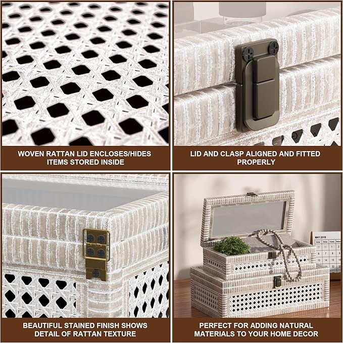Rattan Decorative Box,Boho Display Boxes with Lids,Set of 2 Rectangular Wicker Storage Decoration,Natural Woven Cane Bins for Home Decor for Rustic Farmhouse(White)