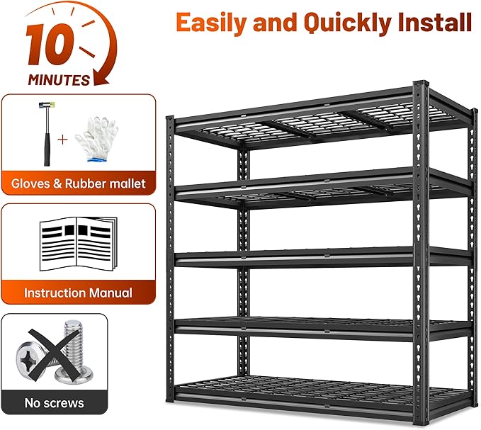 REIBII 48" W Garage Shelving 3000LBS Metal Shelving Heavy Duty Storage Shelves Adjustable Metal Shelf 5 Tier Pantry Shelves for Warehouse Garage Basement Pantry 48" W x 24" D x 72" H