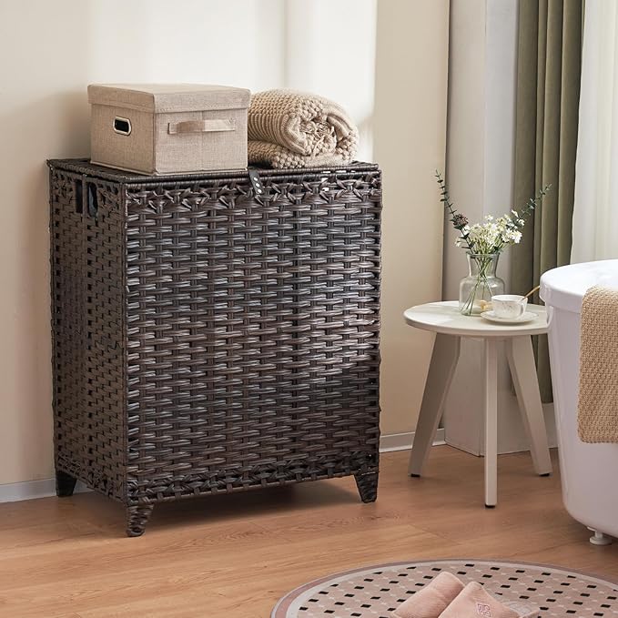 Laundry Hamper with Lid, 190L Large Laundry Basket 3 Section with 6 Removable Liner Bags & 3 Mesh Laundry Bags, Handwoven Rattan Clothes Hamper with Heightened Feet, No Install Needed, Brown