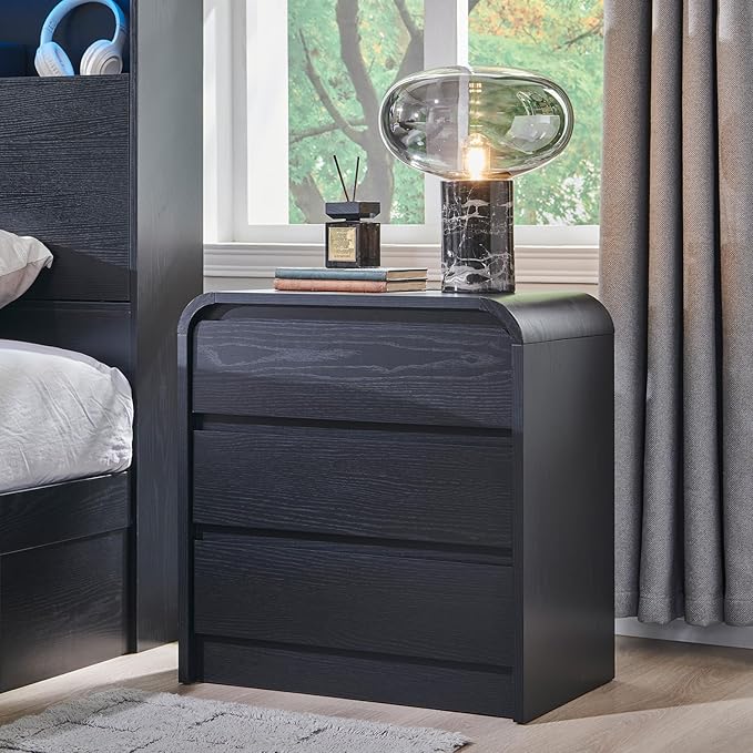 25" Tall Modern Nightstand Set of 2, 23.6" Wide Wood Bedside Table with Charging Station, 3 Storage Drawers Side Table w/Curved Profile Design, End Table for Bedroom, Black