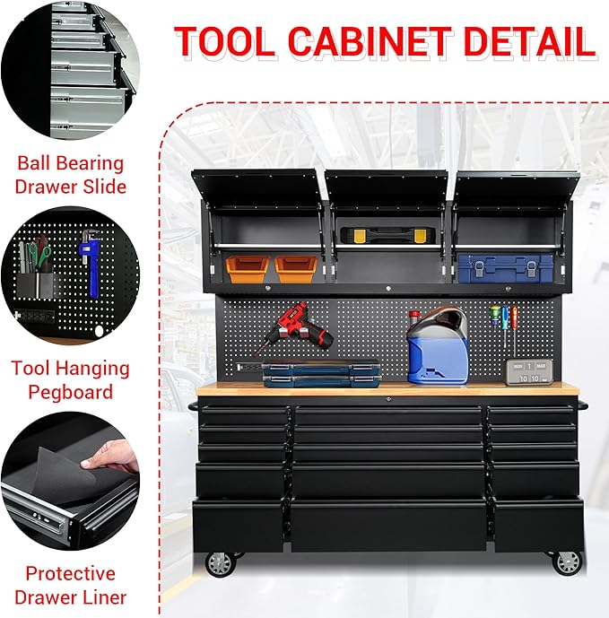 CT Copper Tailor 72-inch Rolling Tool Chest with Integrated Power Strip,15 Drawers and Wheels, Garage Workbench with Storage, 3 Upper Cabinets, Pegboard in Matte Black