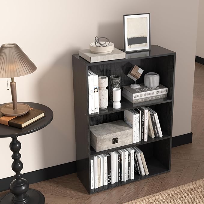 Wooden 3 Cube Storage Organizer,3 Tier Low Bookcase Storage Display Organizer, 33 Inch Versatile Cubes Shelf and Cubby Unit for Any Space (Black, 3 Cube-W(23.6inch)