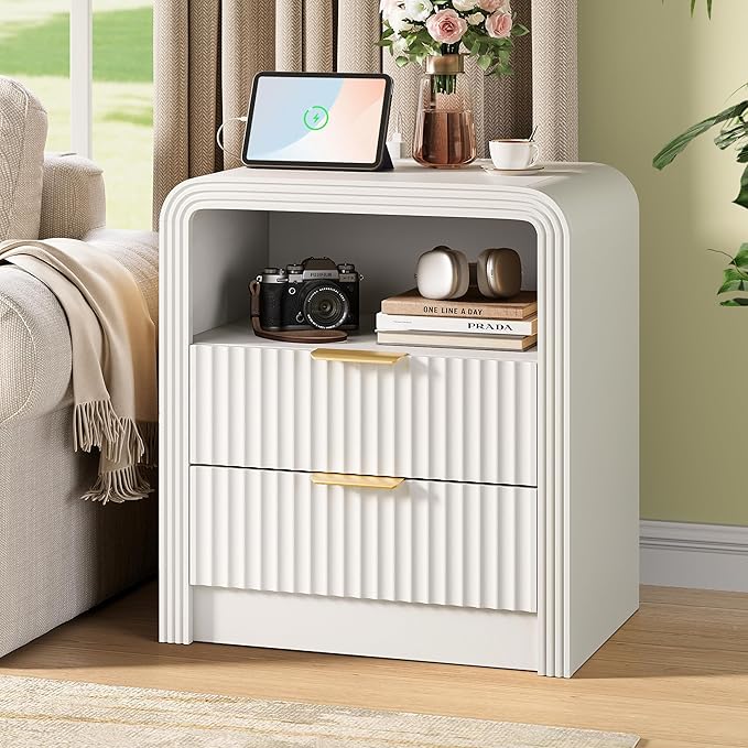 Fluted Nightstand with Charging Station, 19.7'' Wide Morden End Table with USB/Type-C Ports, 2 Drawers & Open Shelf, Curved Profile Design, Wood Bedside Table for Bedroom (White)