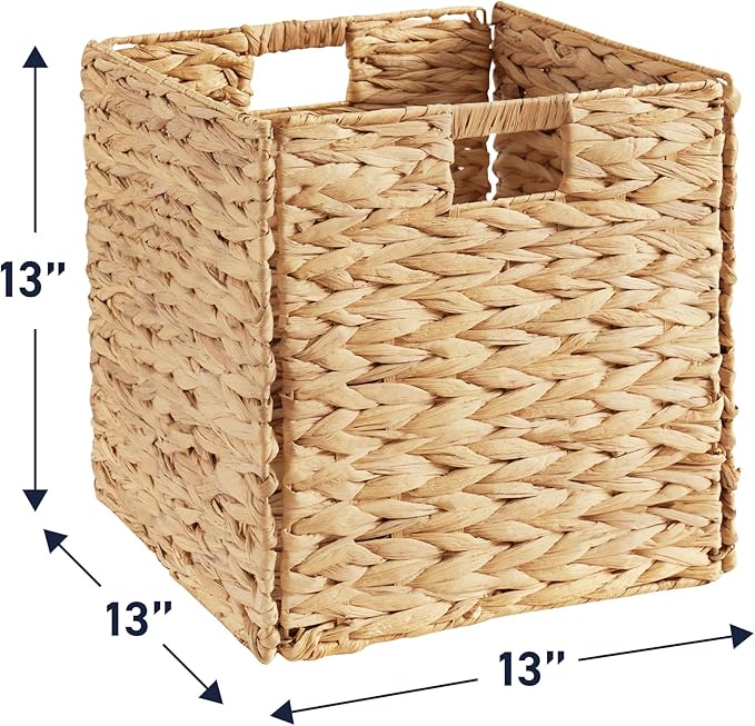 Ornavo Home 13 x 13 Inch Water Hyacinth Baskets Set of 4 – Handwoven Collapsible Wicker Storage Cube Bins with Handles for Bathroom, Bedroom, Laundry and Pantry - Natural