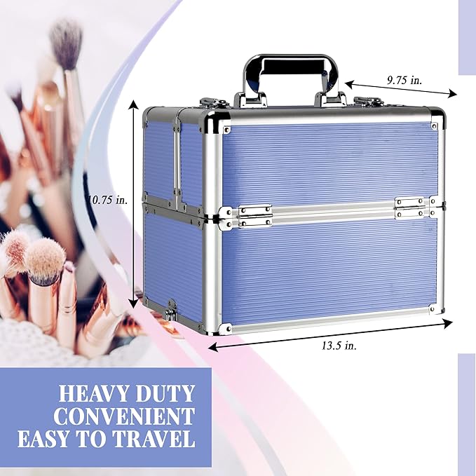 Ver Beauty Makeup Organizer, Cosmetic Travel Kit, Makeup Artist Supplies, 2 Sliding Trays, Lockable Storage Box, Makeup Train Case, Aluminium Case, Lightweight Makeup Vanity (Lavender Stripes)