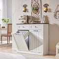 Double Tilt Out Trash Cabinet, 20 Gallon Farmhouse Laundry Hamper Cabinet with 2 Drawers, Hidden Wooden Trash Can Cabinets with Storage Basket for Kitchen, Living Room (Antique White)