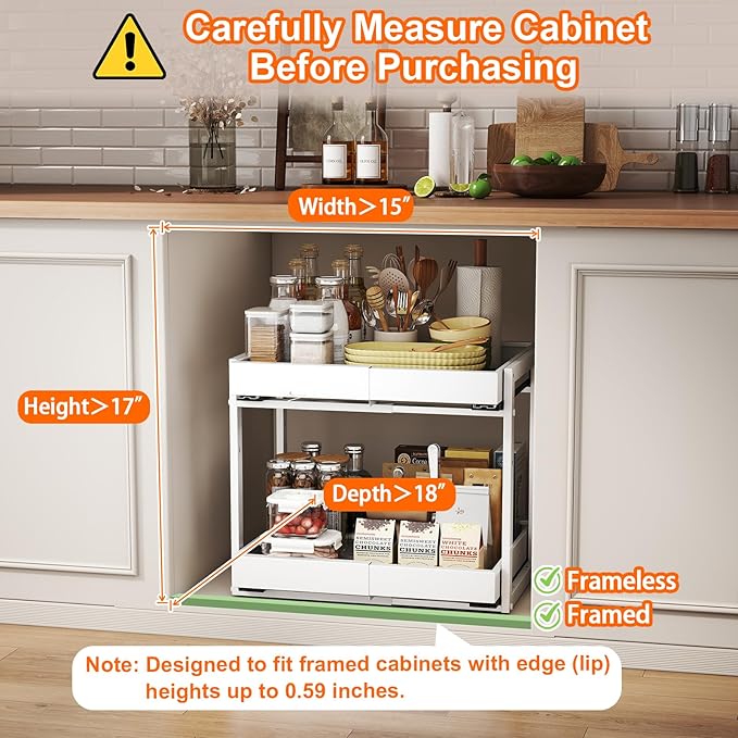 Golener 2-Tier Expandable Pull Out Cabinet Organizer - Slide Out Drawers for Kitchen Cabinets, Bathroom Organizers and Storage, Under Sink Organizer for Kitchen Storage Organization, White Metal Frame