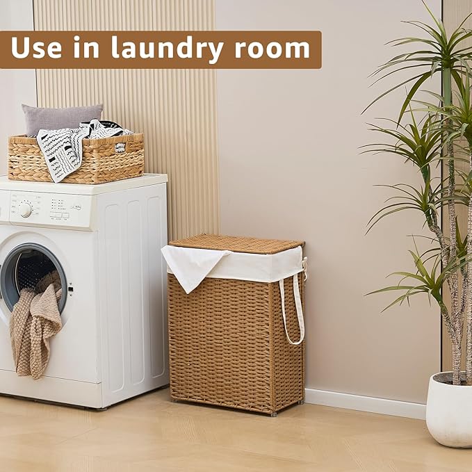 Slim Wicker Laundry Hamper with Lid, 55L Handwoven Rattan Basket with Handles, Narrow Laundry Basket with Removable Liner Bag & 2 Mesh Bags
