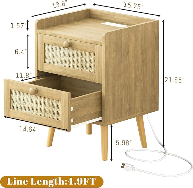 Rattan Nightstand with Charging Station Set of 2, Mid Century Modern Bedside Side Table with 2 Drawers, Boho End Table with Wood Legs for Bedroom Natural Night Stand for Living Room