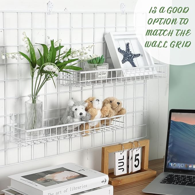 Blulu 4 Pcs 15.75 x 3.94 x 1.97 Inch Metal Grid Wall Baskets with Hooks Grid Wall Shelves Hanging Wire Basket Multi Function Storage Organizer for Kitchen Organizing Display (White)