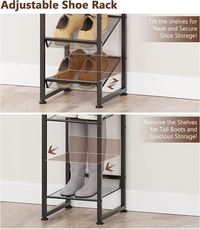 8 Tiers Vertical Shoe Rack, Corner Shoe Storage Organizer, Narrow Shoe Tower for 6 Pairs, Space Saving Sturdy Metal Shoe Shelf, Adjustable, Freestanding, for Entryway, Hallway, Living Room, Bedroom