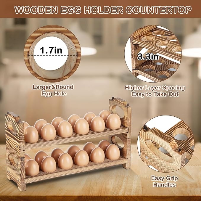 Wooden Egg Holder & Storage-3Tier /36-Hole Stackable Holds Fresh Eggs, Farmhouse Eggs Rack Wood, Rustic Countertop Chicken Egg Organizer Wood with Distressed Finish for Home Kitchen Decoration
