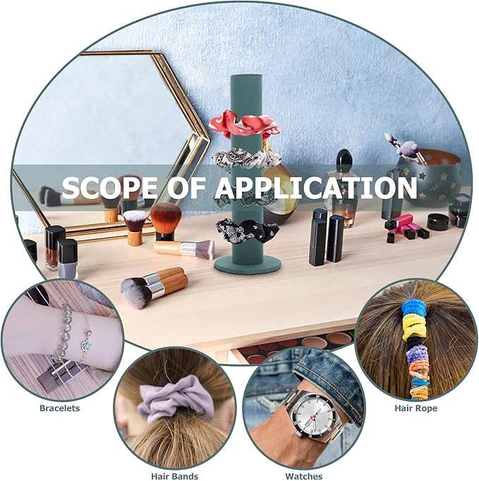 Velvet Vertical Tower Scrunchie Holder Stand Hair Tie Organizer Headband Storage Rack for Jewelry Watches Green Design for Bedroom and Store Display
