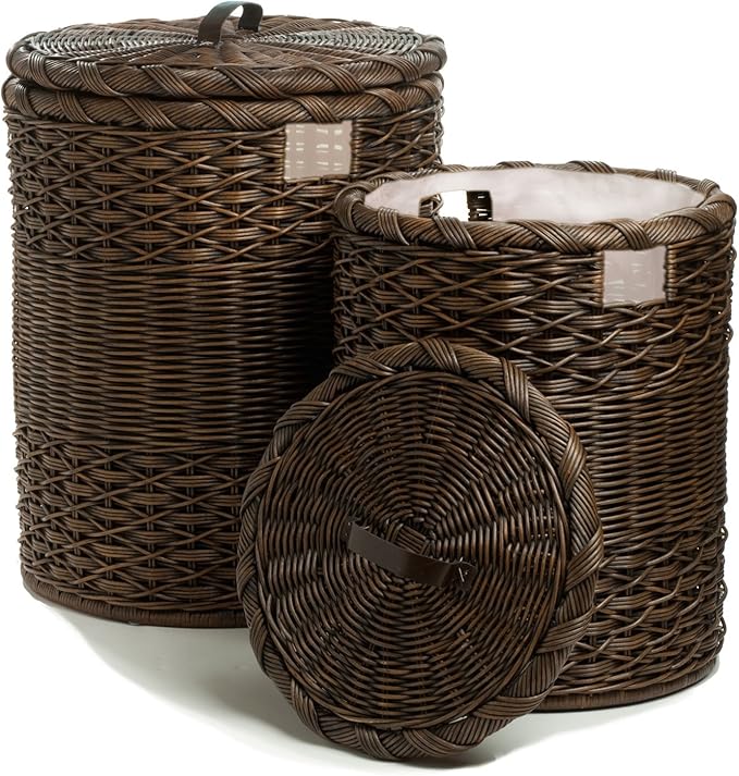 The Basket Lady Round Wicker Laundry Hamper, Extra Large, 23 in Dia x 28 in H, Antique Walnut Brown