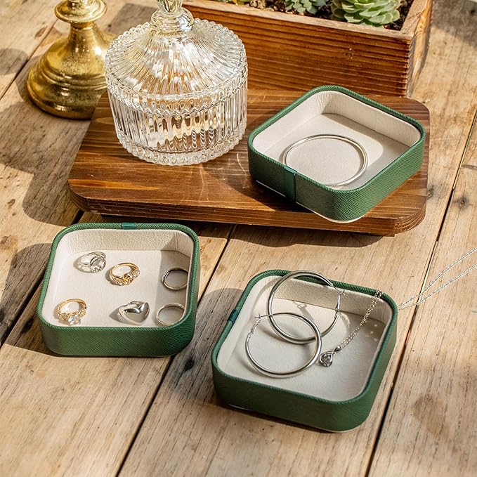 SANQIANWAN Set of 3 Small Stackable Jewelry Organizer Trays Mini Jewelry Drawer Oragnizer Small Jewelry Display Tray for Necklace Bracelet Rings Earrings and Makeup (DarkGreen)