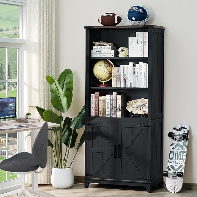 70in Tall Bookshelf 5 Tier Bookcase with Barn Doors and Adjustable Shelves, Black Farmhouse Book Shelf with Storage Cabinet, Wood Freestanding Display Bookshelves for Bedroom, Kitchen (2PCS)