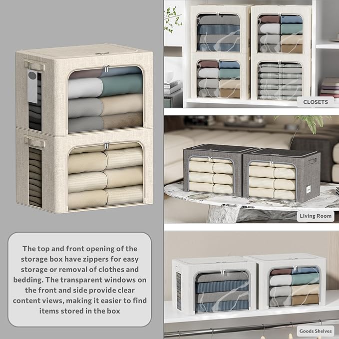 4 Pack Clothes Storage Bins with Metal Frame - 66L Stackable Storage Box with Lid，Foldable Storage Container Organizer for Clothes，Linen Fabric Storage Box with Clear Window＆Zippers＆Handles