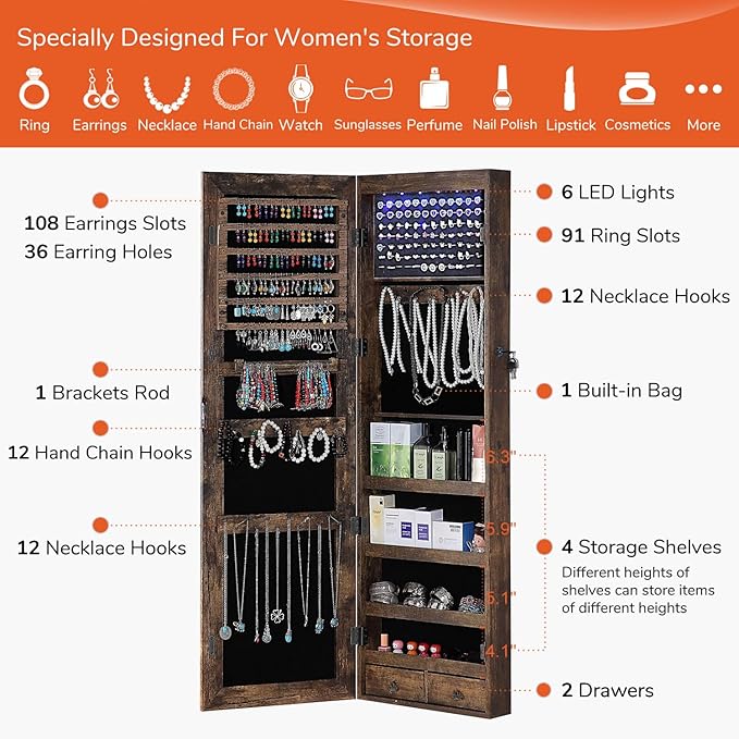 GISSAR Full Length Mirror Jewelry Cabinet, 6 LEDs Jewelry Armoire Wall Mounted Over The Door Hanging, Jewelry Organizer Storage with Lights Lockable, Vintage Brown, 14.6" x 47.2"