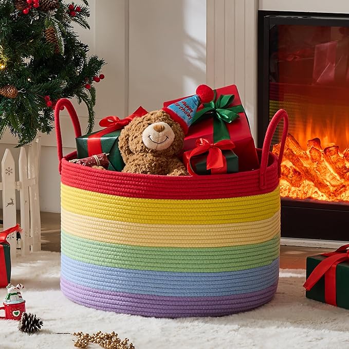 KAKAMAY Large Blanket Basket (20"x13"),Woven Baskets for storage Baby Laundry Hamper, Cotton Rope Blanket Basket for Living Room, Laundry, Nursery, Pillows, Baby Toy chest (Rainbow)