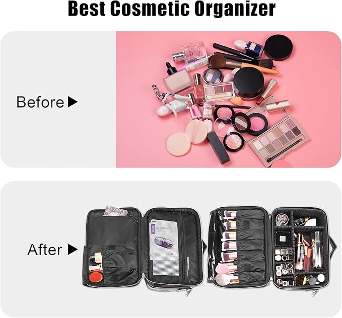 JOURMON Travel Makeup Train Case,Large Capacity Cosmetic Bags for Women,Portable Makeup Bag Organizer with Adjustable Dividers & Shoulder Strap (Crocodile Pattern Black,Medium)