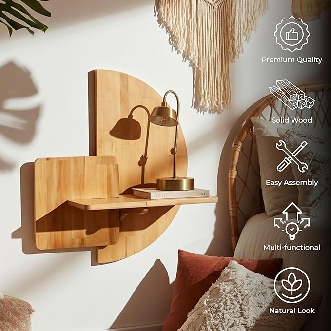 Behomes Soluna Solid Wood Floating Nightstand, Wall Mounted Bedside Nightstand, Mid Century Modern Floating Bed Side Table, Rustic Wooden Night Stand for Bedroom, Small Space Saving Shelf, Natural