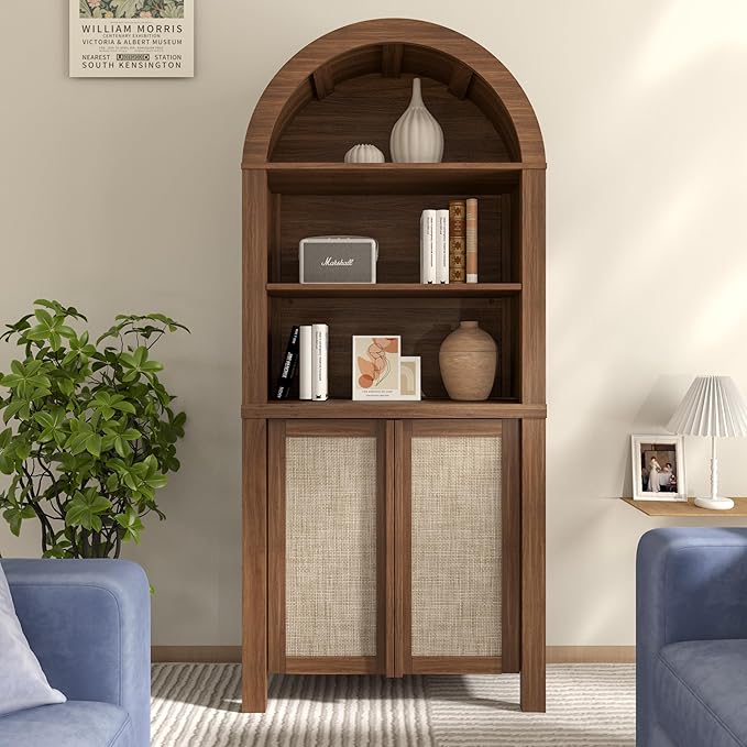 Yechen Arched Bookcase, 70.5" Tall Bookcase with Storage, Mid-Century Modern 5 Tier Bookshelves with Door, Boho Rattan Bookshelf for Living Room Kitchen Office Bedroom Library, Dark Walnut,1 PCS