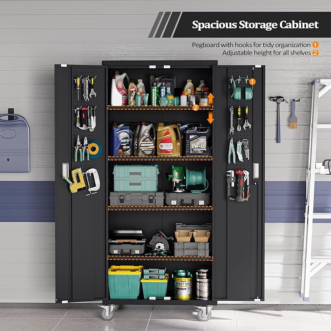 VINGLI 72'' Tall Garage Storage Cabinet, Metal Storage Cabinet with Pegboards, Wheels, Locking Doors and Adjustable Shelves (Black, 32''W x 16''D x 72''H)