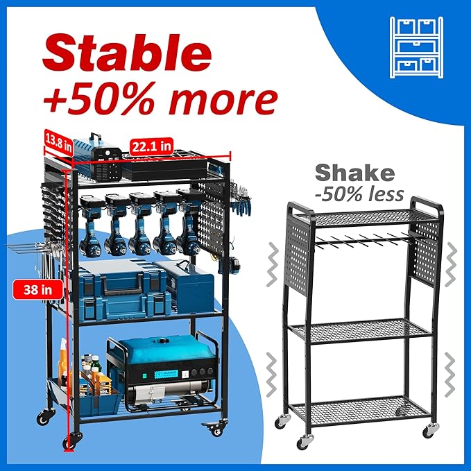 Large Power Tool Organizer Cart with Lockable Wheels | 4-Tier Organizer for Power Tools & Garage Storage, Mechanic Cart, Gift for Men, Dad, Husband