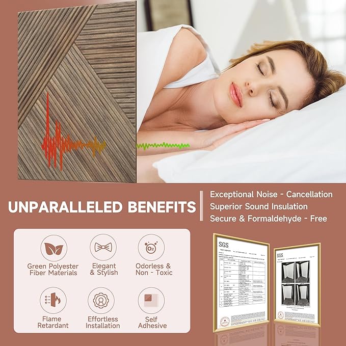 TO-TH Acoustic Panels for Wall and Ceiling - 6 Pack 2'x2'x0.4,Self-Adhesive 3D UV Printing Decorative Wall Panels with Wood Look,Natural Walnut