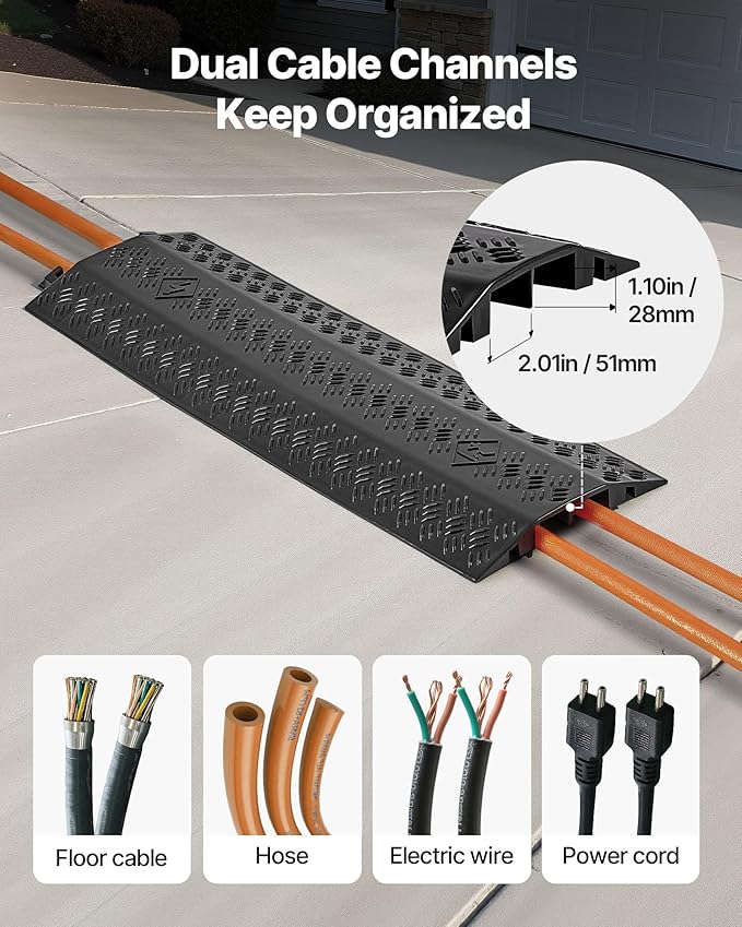 VEVOR 2 Pack Drop Over Cable Cover, 2 Channel Heavy Duty Cable Hose Protector Ramp, 38.3'' Floor Cord Cover, 17,500 lbs/Axle Load Capacity, for Traffic Areas, Indoor, Outdoor, Home, Office, Warehouse