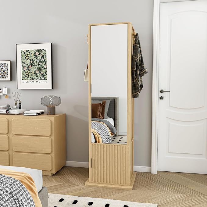 Montary 360° Rotating Makeup & Jewelry Cabinet with Full-Length Mirror - Standing Storage Organizer with Coat Rack, 4-Tier Open & Built-in Shelves, Walnut