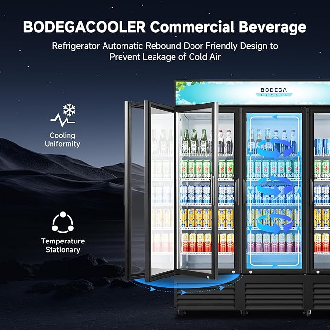 BODEGACOOLER Commercial Merchandiser Refrigerator,3 Glass Door Commercial Beverage Refrigerator, Beverage Display Cooler with Soft LED Light, Adjustable Shelves and 8 Strong Castors, 53 Cu. Ft,Black