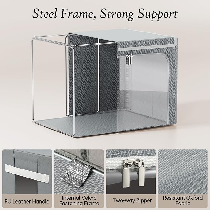 Yecaye Clothes Storage Bins with Metal Frame, Foldable Clothing Storage Bin with Lid, Stackable Oxford Fabric Organizer Box With Clear Window & Zippers & PU Leather Handles (4 Pack,Grey,40L)