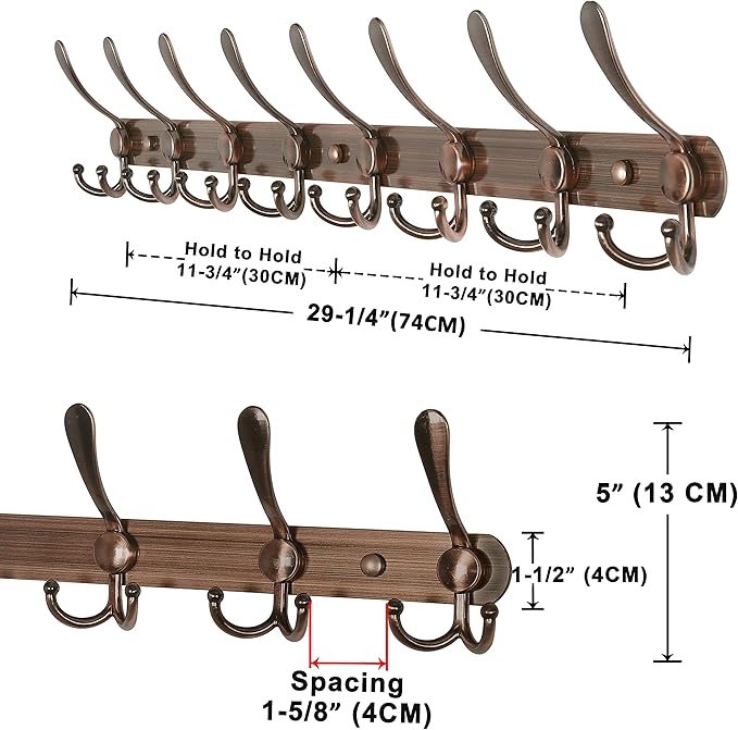 Dseap Coat Rack Wall Mount - 29.5” Long 8-Tri-Hooks Heavy Duty Coat Hanger Rail Wall Hooks for Hanging Coats Hats Clothing Clothes Purse Mudroom Entryway, Red Antique Copper
