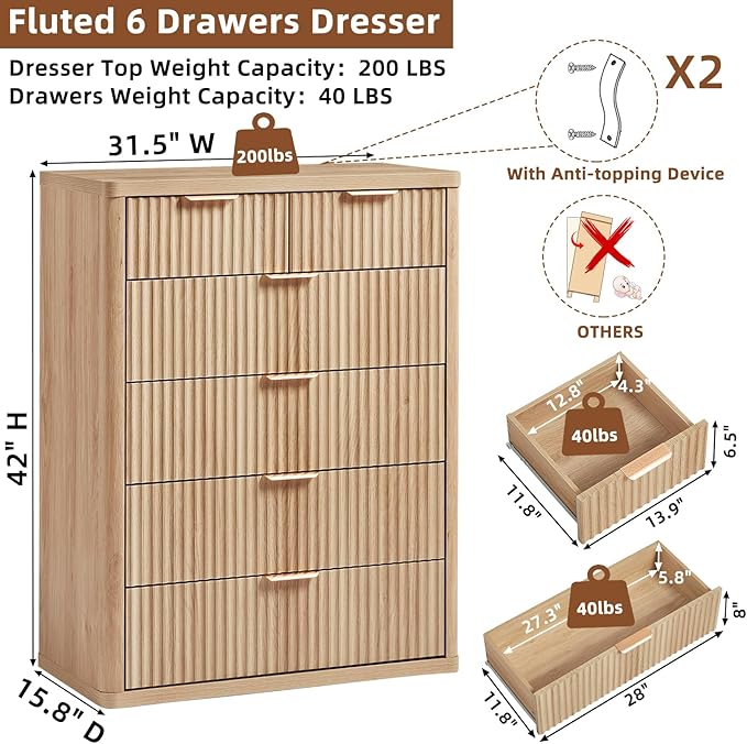 LEYAOYAO Fluted 6 Drawers Dresser for Bedroom Set of 2, 42" Tall Modern Chest of Drawers with Metal Handle, Curved Profile Design,Natural Wood Drawer Organizer for Bedroom, Living Room, Hallway
