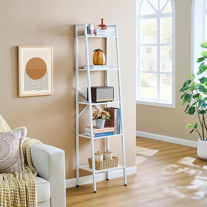 Hoctieon 5-Tier Industrial Ladder Bookshelf, Narrow Ladder Shelf, Tall Standing Bookshelf, Skinny Open Ladder Shelf, for Living Room, Home Office, Kitchen, Bedroom, Metal Frame, White