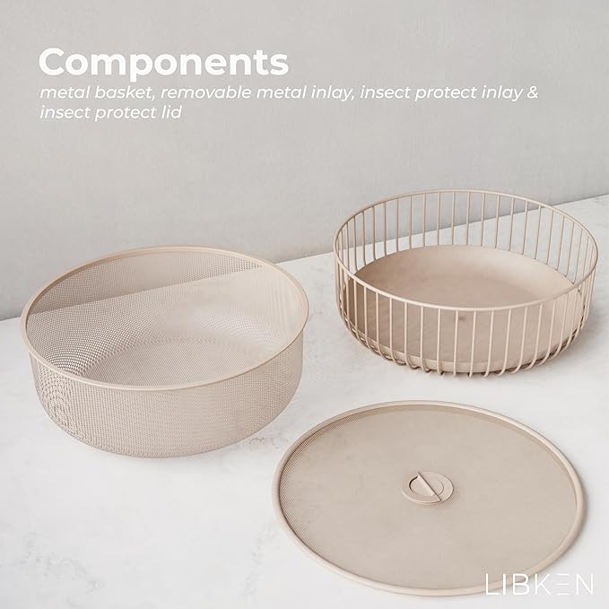 Metal Fruit Bowl with Mesh Lid and Basket - Fruit and Vegetable Holder For Kitchen Counter - Countertop Display Baskets Organizer - Bowl Storage for Veggie, Fruits, Snack, and Banana - Peach