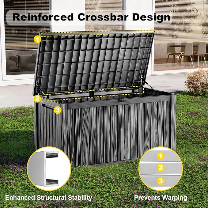 180 Gallon Waterproof Outdoor Storage Box, UV Resistant Resin Deck Box with Hydraulic Rod for Reinforced Stability, Perfect for Patio, Garden, and Pool, Striped Black