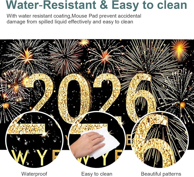 2026 Happy New Year Gaming Mouse Pad 31.5"x11.8"Desk Mat Anti-Slip Rubber Base & Durable Stitched Edges for Gamers Smooth Mouse Writing Surface for Desk Office/Home