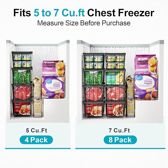 iSPECLE Chest Freezer Organizer Bins - 5 Pack Small Stackable Freezer Organizer Bins for 5 to 7 Cu.FT Deep Freezer Easy to Get Food from Bottom without Digging, Black