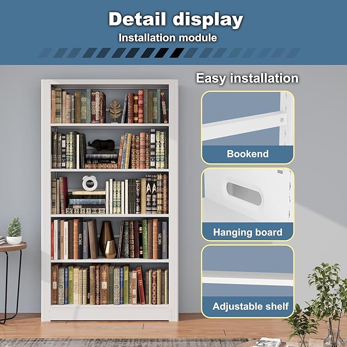 69” Tall Metal Bookshelf, Heavy Duty Bookcase, Modular Book Shelf with Expansion Capability, 5-Tier Adjustable Bookshelves for Heavy Books, Library, Living Room, Office. White