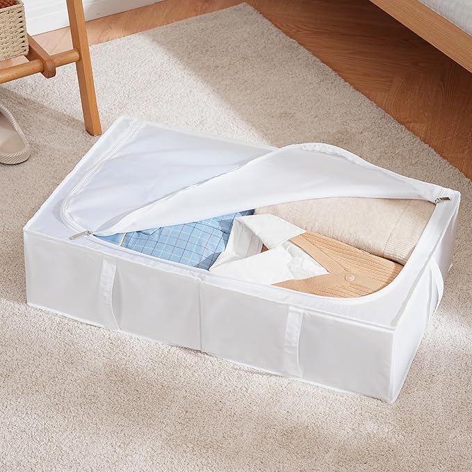 TYEERS Under Bed Storage Containers, Durable Fabric, Washable, Collapsible, Under Bed Storage Bins for Clothes, Blankets, Sheets, Shoes, 27.5x16.5x7 Inches, 4-Pack, White
